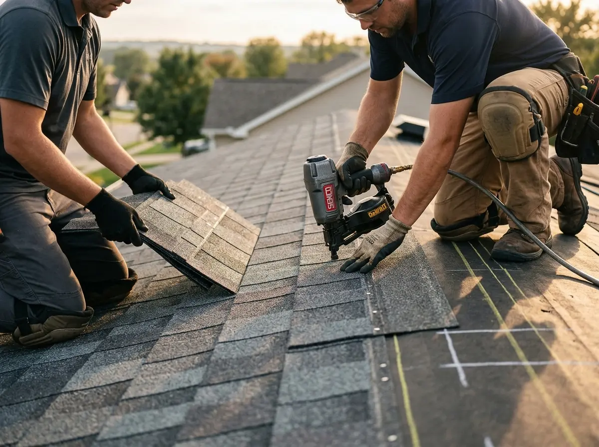 Professional roofer working on a residential roof in Baker